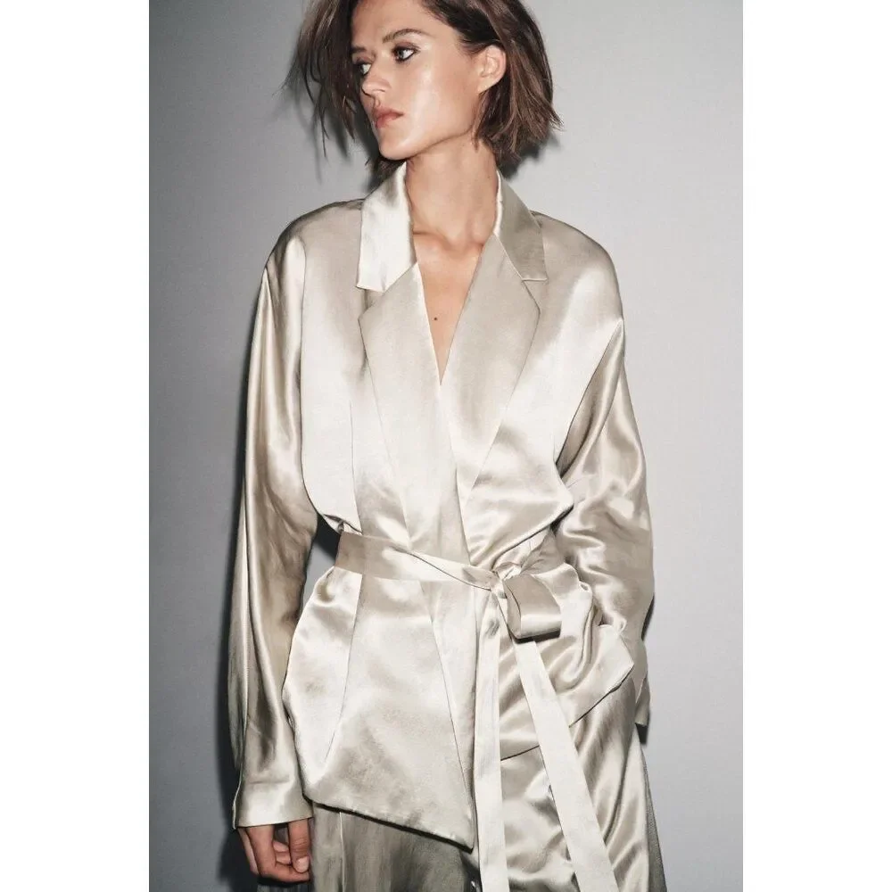 Zara Womens Satin Effect Blazer Jacket Belted XS Stone Limited Ed 8404/676 NWT